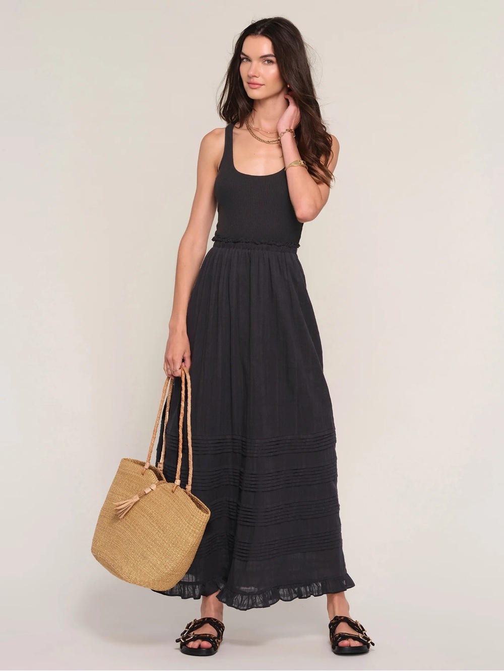 New NWOT Heartloom Black Maxi Edina Dress ribbed top detailed skirt Summer XS